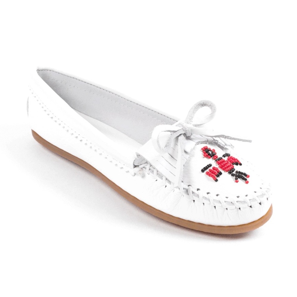New! Minnetonka White Leather Moccasins Thunderbird  Ladies Size 11